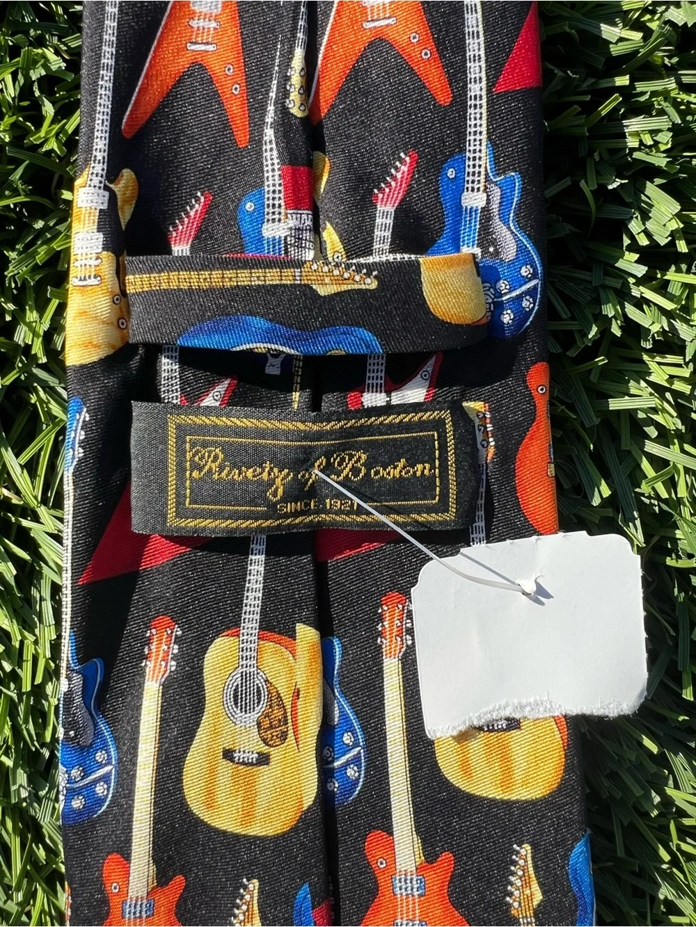 Men's Black Guitar Print Neck Tie - Multicolor Guitars